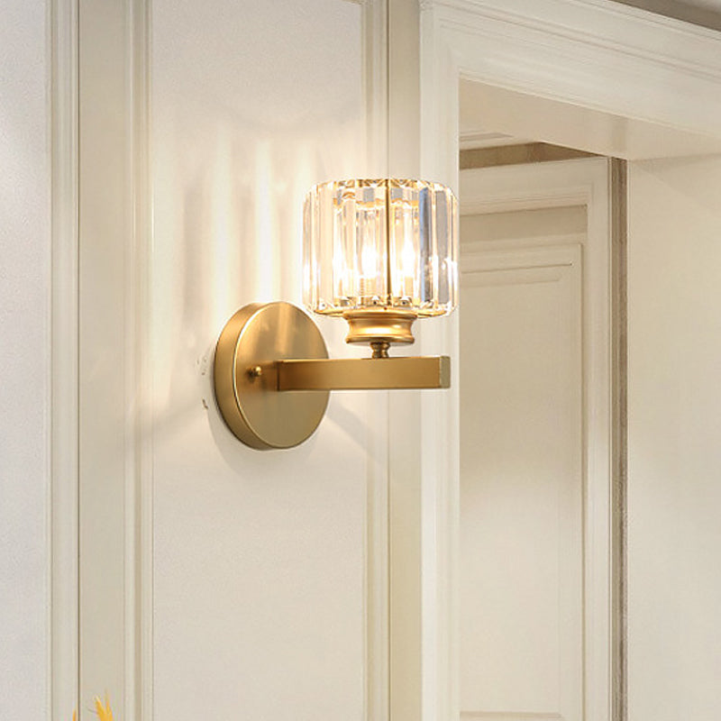 Postmodern 1 Head Wall Lamp Gold Cylindrical/Half-Drum Sconce Light with Prismatic Crystal Shade Clearhalo 'Cast Iron' 'Glass' 'Industrial' 'Modern wall lights' 'Modern' 'Tiffany' 'Traditional wall lights' 'Wall Lamps & Sconces' 'Wall Lights' Lighting' 1986263