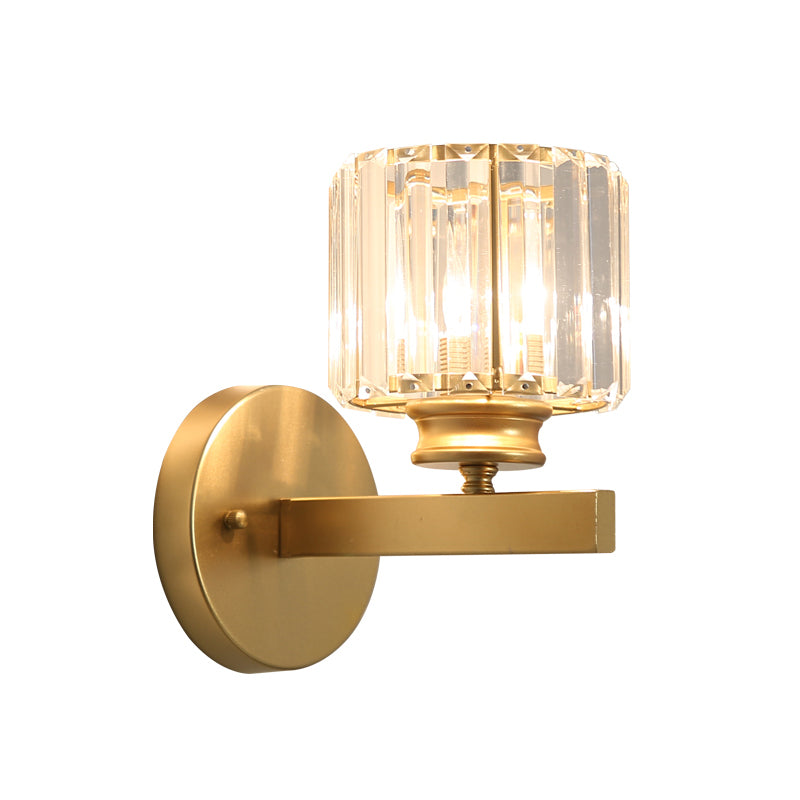 Postmodern 1 Head Wall Lamp Gold Cylindrical/Half-Drum Sconce Light with Prismatic Crystal Shade Clearhalo 'Cast Iron' 'Glass' 'Industrial' 'Modern wall lights' 'Modern' 'Tiffany' 'Traditional wall lights' 'Wall Lamps & Sconces' 'Wall Lights' Lighting' 1986264