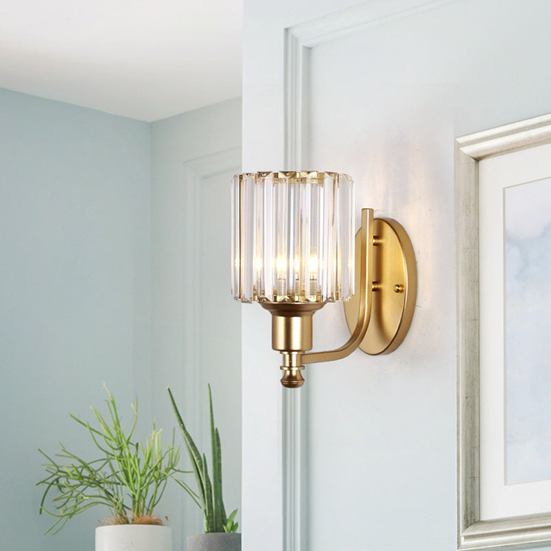 Postmodern 1 Head Wall Lamp Gold Cylindrical/Half-Drum Sconce Light with Prismatic Crystal Shade Gold C Clearhalo 'Cast Iron' 'Glass' 'Industrial' 'Modern wall lights' 'Modern' 'Tiffany' 'Traditional wall lights' 'Wall Lamps & Sconces' 'Wall Lights' Lighting' 1986267