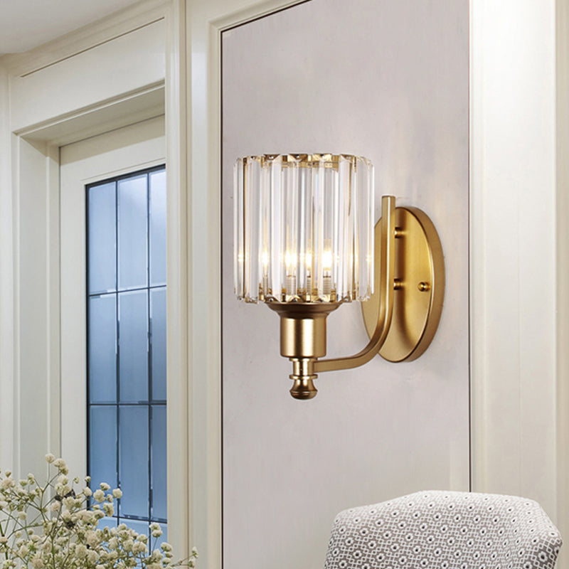 Postmodern 1 Head Wall Lamp Gold Cylindrical/Half-Drum Sconce Light with Prismatic Crystal Shade Clearhalo 'Cast Iron' 'Glass' 'Industrial' 'Modern wall lights' 'Modern' 'Tiffany' 'Traditional wall lights' 'Wall Lamps & Sconces' 'Wall Lights' Lighting' 1986268