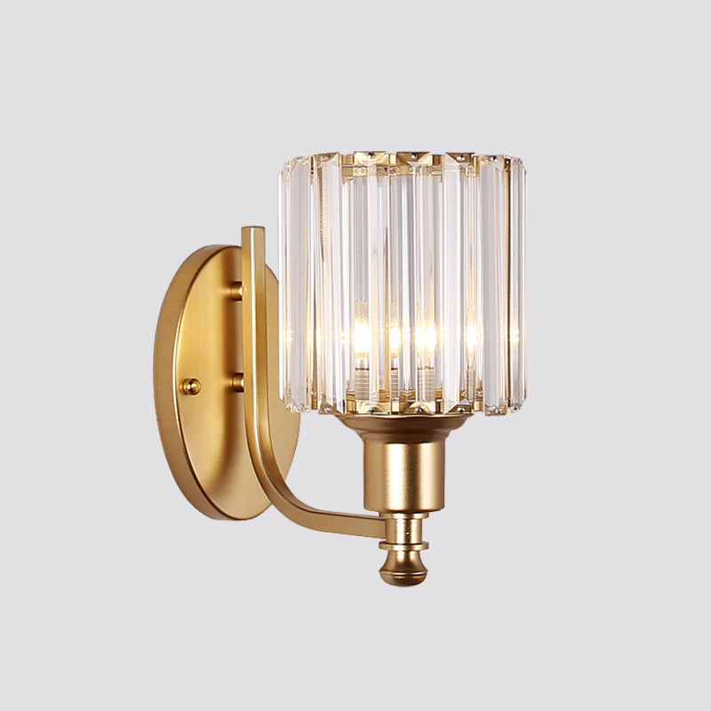 Postmodern 1 Head Wall Lamp Gold Cylindrical/Half-Drum Sconce Light with Prismatic Crystal Shade Clearhalo 'Cast Iron' 'Glass' 'Industrial' 'Modern wall lights' 'Modern' 'Tiffany' 'Traditional wall lights' 'Wall Lamps & Sconces' 'Wall Lights' Lighting' 1986270