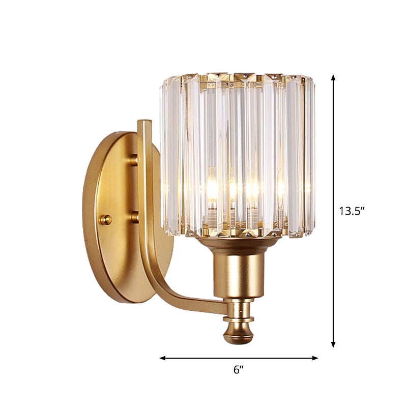 Postmodern 1 Head Wall Lamp Gold Cylindrical/Half-Drum Sconce Light with Prismatic Crystal Shade Clearhalo 'Cast Iron' 'Glass' 'Industrial' 'Modern wall lights' 'Modern' 'Tiffany' 'Traditional wall lights' 'Wall Lamps & Sconces' 'Wall Lights' Lighting' 1986271