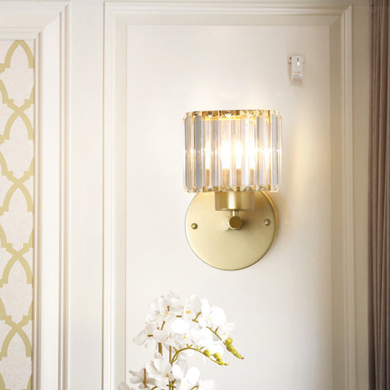 Postmodern 1 Head Wall Lamp Gold Cylindrical/Half-Drum Sconce Light with Prismatic Crystal Shade Gold D Clearhalo 'Cast Iron' 'Glass' 'Industrial' 'Modern wall lights' 'Modern' 'Tiffany' 'Traditional wall lights' 'Wall Lamps & Sconces' 'Wall Lights' Lighting' 1986272