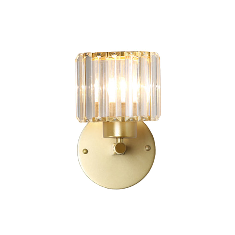 Postmodern 1 Head Wall Lamp Gold Cylindrical/Half-Drum Sconce Light with Prismatic Crystal Shade Clearhalo 'Cast Iron' 'Glass' 'Industrial' 'Modern wall lights' 'Modern' 'Tiffany' 'Traditional wall lights' 'Wall Lamps & Sconces' 'Wall Lights' Lighting' 1986273