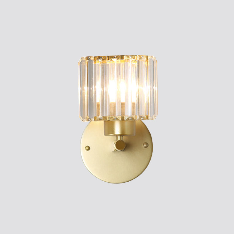 Postmodern 1 Head Wall Lamp Gold Cylindrical/Half-Drum Sconce Light with Prismatic Crystal Shade Clearhalo 'Cast Iron' 'Glass' 'Industrial' 'Modern wall lights' 'Modern' 'Tiffany' 'Traditional wall lights' 'Wall Lamps & Sconces' 'Wall Lights' Lighting' 1986274