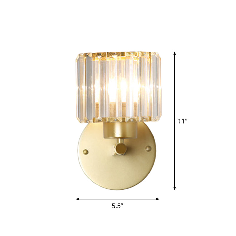 Postmodern 1 Head Wall Lamp Gold Cylindrical/Half-Drum Sconce Light with Prismatic Crystal Shade Clearhalo 'Cast Iron' 'Glass' 'Industrial' 'Modern wall lights' 'Modern' 'Tiffany' 'Traditional wall lights' 'Wall Lamps & Sconces' 'Wall Lights' Lighting' 1986275