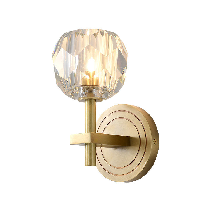 Cylinder/Ball Shaped Sconce Lamp Postmodern Water Glass/Cut Crystal 1 Bulb Gold Wall Mounted Light for Living Room Clearhalo 'Cast Iron' 'Glass' 'Industrial' 'Modern wall lights' 'Modern' 'Tiffany' 'Traditional wall lights' 'Wall Lamps & Sconces' 'Wall Lights' Lighting' 1986287