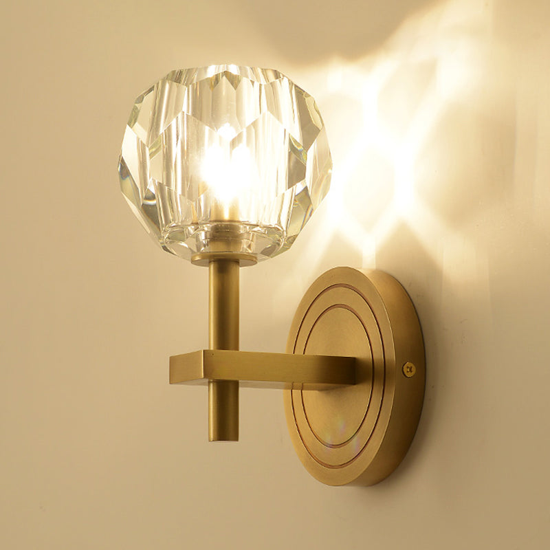 Cylinder/Ball Shaped Sconce Lamp Postmodern Water Glass/Cut Crystal 1 Bulb Gold Wall Mounted Light for Living Room Clearhalo 'Cast Iron' 'Glass' 'Industrial' 'Modern wall lights' 'Modern' 'Tiffany' 'Traditional wall lights' 'Wall Lamps & Sconces' 'Wall Lights' Lighting' 1986288