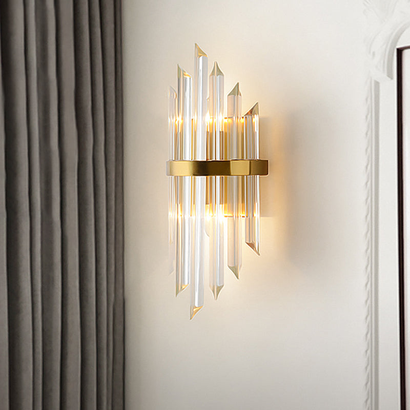 1/2/3-Bulb Living Room Wall Sconce Modern Gold Wall Lamp Fixture with Flute/3-Tier/Cylinder Crystal Shade Gold C Clearhalo 'Cast Iron' 'Glass' 'Industrial' 'Modern wall lights' 'Modern' 'Tiffany' 'Traditional wall lights' 'Wall Lamps & Sconces' 'Wall Lights' Lighting' 1986294