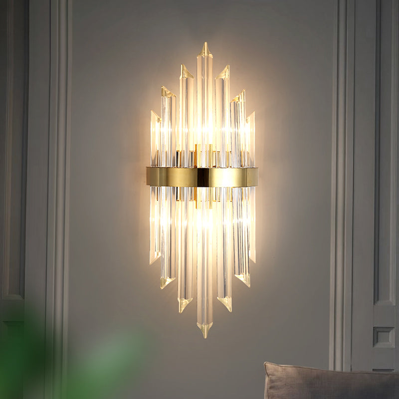 1/2/3-Bulb Living Room Wall Sconce Modern Gold Wall Lamp Fixture with Flute/3-Tier/Cylinder Crystal Shade Clearhalo 'Cast Iron' 'Glass' 'Industrial' 'Modern wall lights' 'Modern' 'Tiffany' 'Traditional wall lights' 'Wall Lamps & Sconces' 'Wall Lights' Lighting' 1986295