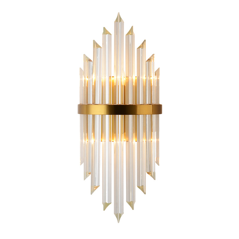 1/2/3-Bulb Living Room Wall Sconce Modern Gold Wall Lamp Fixture with Flute/3-Tier/Cylinder Crystal Shade Clearhalo 'Cast Iron' 'Glass' 'Industrial' 'Modern wall lights' 'Modern' 'Tiffany' 'Traditional wall lights' 'Wall Lamps & Sconces' 'Wall Lights' Lighting' 1986296