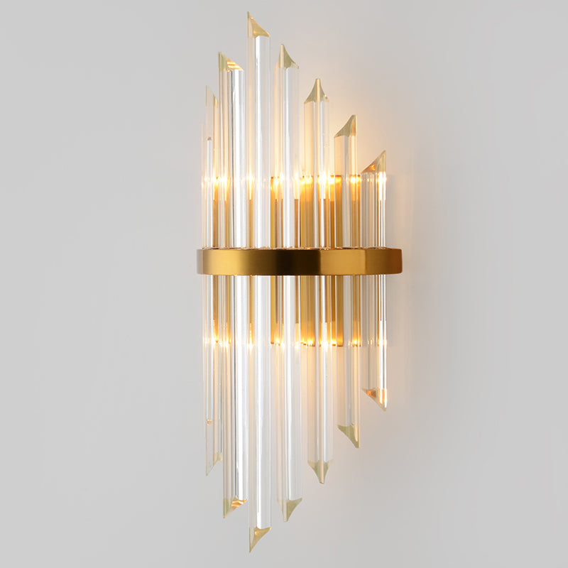 1/2/3-Bulb Living Room Wall Sconce Modern Gold Wall Lamp Fixture with Flute/3-Tier/Cylinder Crystal Shade Clearhalo 'Cast Iron' 'Glass' 'Industrial' 'Modern wall lights' 'Modern' 'Tiffany' 'Traditional wall lights' 'Wall Lamps & Sconces' 'Wall Lights' Lighting' 1986297