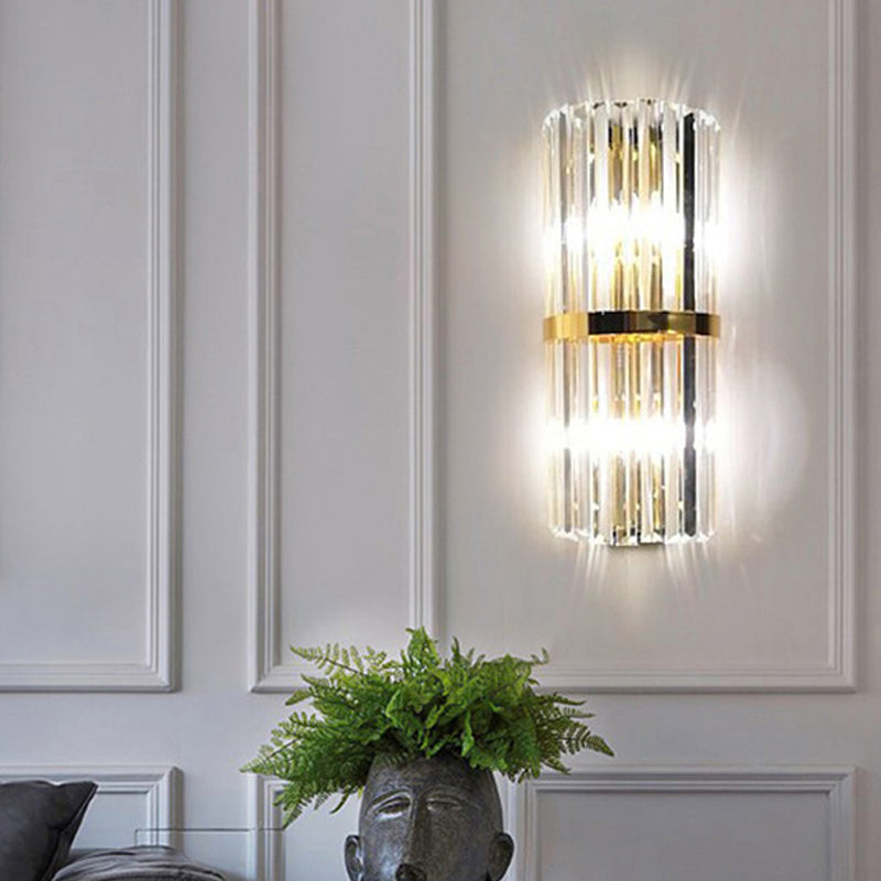 1/2/3-Bulb Living Room Wall Sconce Modern Gold Wall Lamp Fixture with Flute/3-Tier/Cylinder Crystal Shade Gold A Clearhalo 'Cast Iron' 'Glass' 'Industrial' 'Modern wall lights' 'Modern' 'Tiffany' 'Traditional wall lights' 'Wall Lamps & Sconces' 'Wall Lights' Lighting' 1986299