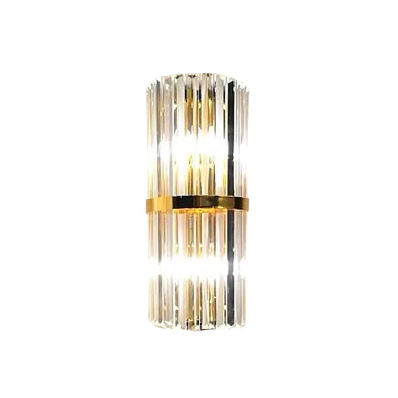 1/2/3-Bulb Living Room Wall Sconce Modern Gold Wall Lamp Fixture with Flute/3-Tier/Cylinder Crystal Shade Clearhalo 'Cast Iron' 'Glass' 'Industrial' 'Modern wall lights' 'Modern' 'Tiffany' 'Traditional wall lights' 'Wall Lamps & Sconces' 'Wall Lights' Lighting' 1986300