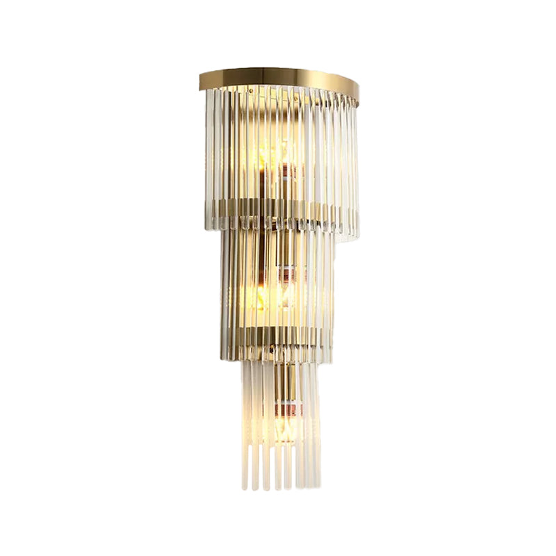 1/2/3-Bulb Living Room Wall Sconce Modern Gold Wall Lamp Fixture with Flute/3-Tier/Cylinder Crystal Shade Gold D Clearhalo 'Cast Iron' 'Glass' 'Industrial' 'Modern wall lights' 'Modern' 'Tiffany' 'Traditional wall lights' 'Wall Lamps & Sconces' 'Wall Lights' Lighting' 1986303