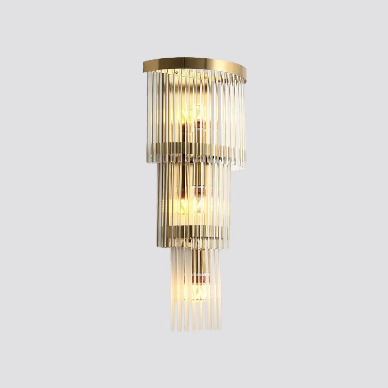 1/2/3-Bulb Living Room Wall Sconce Modern Gold Wall Lamp Fixture with Flute/3-Tier/Cylinder Crystal Shade Clearhalo 'Cast Iron' 'Glass' 'Industrial' 'Modern wall lights' 'Modern' 'Tiffany' 'Traditional wall lights' 'Wall Lamps & Sconces' 'Wall Lights' Lighting' 1986304