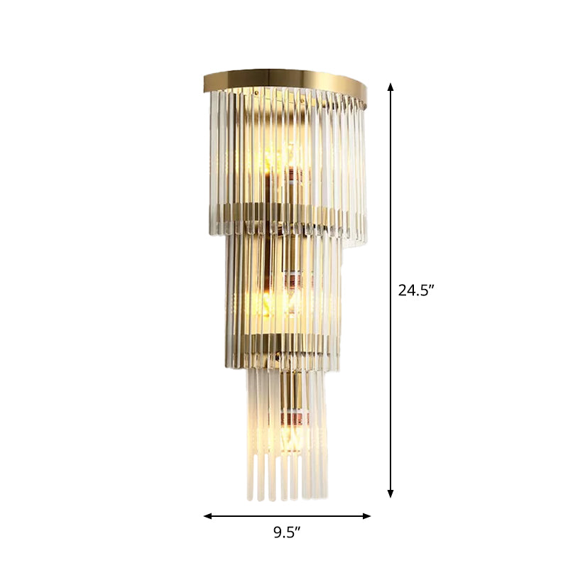1/2/3-Bulb Living Room Wall Sconce Modern Gold Wall Lamp Fixture with Flute/3-Tier/Cylinder Crystal Shade Clearhalo 'Cast Iron' 'Glass' 'Industrial' 'Modern wall lights' 'Modern' 'Tiffany' 'Traditional wall lights' 'Wall Lamps & Sconces' 'Wall Lights' Lighting' 1986305