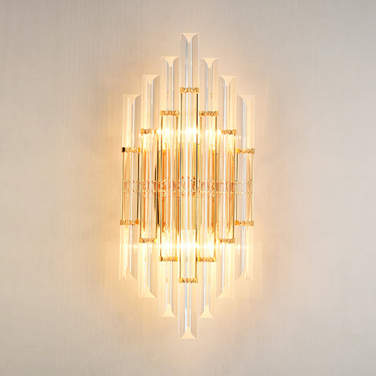 1/2/3-Bulb Living Room Wall Sconce Modern Gold Wall Lamp Fixture with Flute/3-Tier/Cylinder Crystal Shade Clearhalo 'Cast Iron' 'Glass' 'Industrial' 'Modern wall lights' 'Modern' 'Tiffany' 'Traditional wall lights' 'Wall Lamps & Sconces' 'Wall Lights' Lighting' 1986307