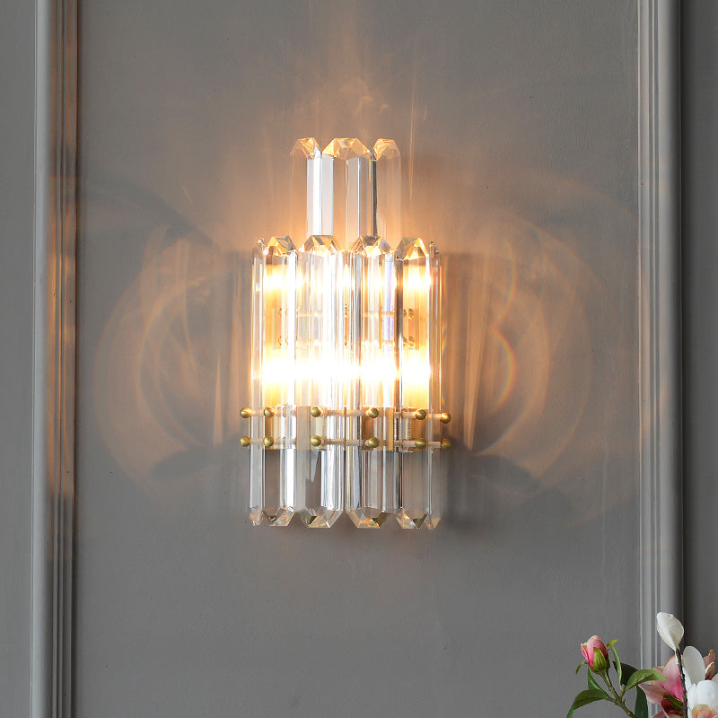 2 Tiers Clear Crystal Prism Wall Light Contemporary 2 Heads Gold Wall Sconce for Restaurant Clearhalo 'Modern wall lights' 'Modern' 'Wall Lamps & Sconces' 'Wall Lights' Lighting' 1986324