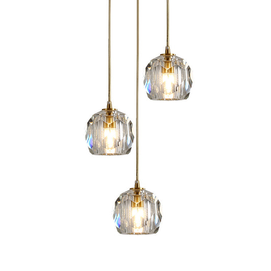 Faceted K9 Crystal Cluster Ball Pendant Stylish Modern 3/6/10-Bulb Brass Ceiling Hang Light for Living Room Clearhalo 'Ceiling Lights' 'Modern Pendants' 'Modern' 'Pendant Lights' 'Pendants' Lighting' 1986397