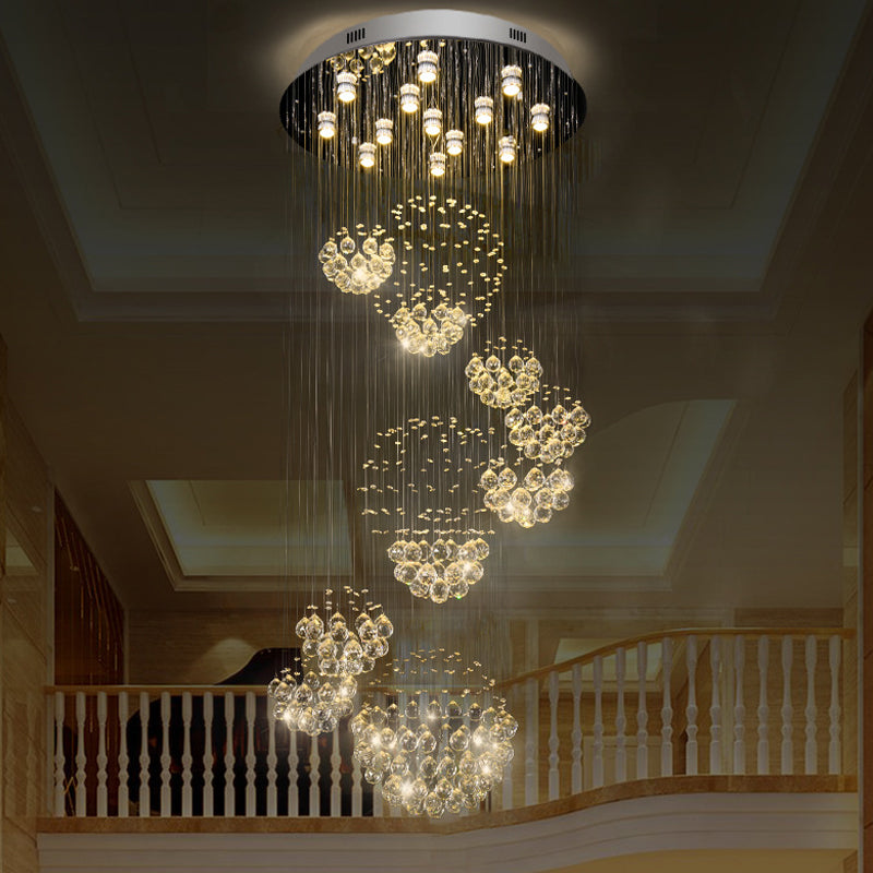 Spiraling Crystal Sphere Ceiling Light Modern 13-Bulb Stainless Steel Flush Mounted Light Fixture Stainless-Steel Clearhalo 'Ceiling Lights' 'Close To Ceiling Lights' 'Close to ceiling' 'Flush mount' Lighting' 1986484