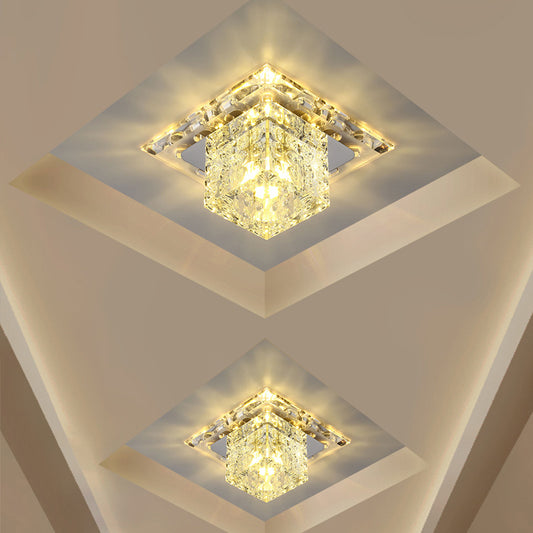 Cube Shade Hallway Flush Mount Fixture Clear Crystal LED Contemporary Ceiling Lighting in Chrome Chrome Clearhalo 'Ceiling Lights' 'Close To Ceiling Lights' 'Close to ceiling' 'Flush mount' Lighting' 1986570