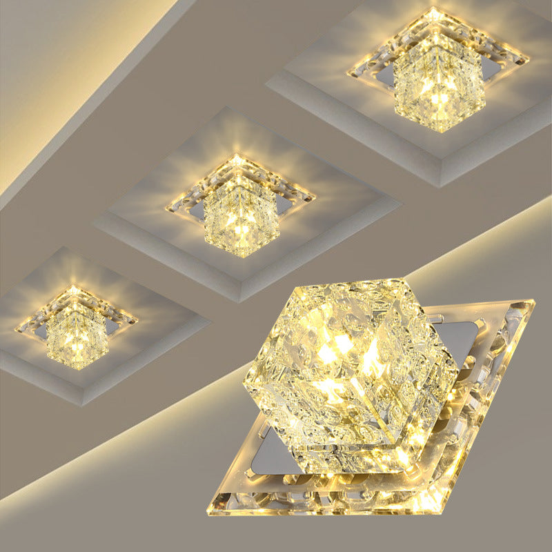 Cube Shade Hallway Flush Mount Fixture Clear Crystal LED Contemporary Ceiling Lighting in Chrome Clearhalo 'Ceiling Lights' 'Close To Ceiling Lights' 'Close to ceiling' 'Flush mount' Lighting' 1986571