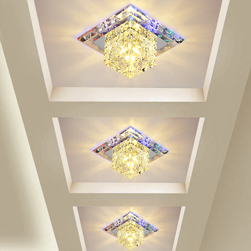 Cube Shade Hallway Flush Mount Fixture Clear Crystal LED Contemporary Ceiling Lighting in Chrome Clearhalo 'Ceiling Lights' 'Close To Ceiling Lights' 'Close to ceiling' 'Flush mount' Lighting' 1986572