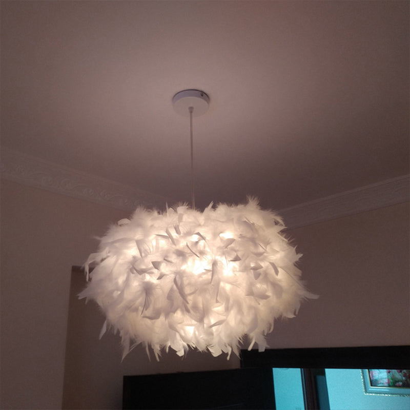 Minimalist Spheroid Hanging Light Fixture Feather 1-Bulb 18"/21.5" W Dining Room Suspension Pendant in White White Clearhalo 'Ceiling Lights' 'Modern Pendants' 'Modern' 'Pendant Lights' 'Pendants' Lighting' 1986636