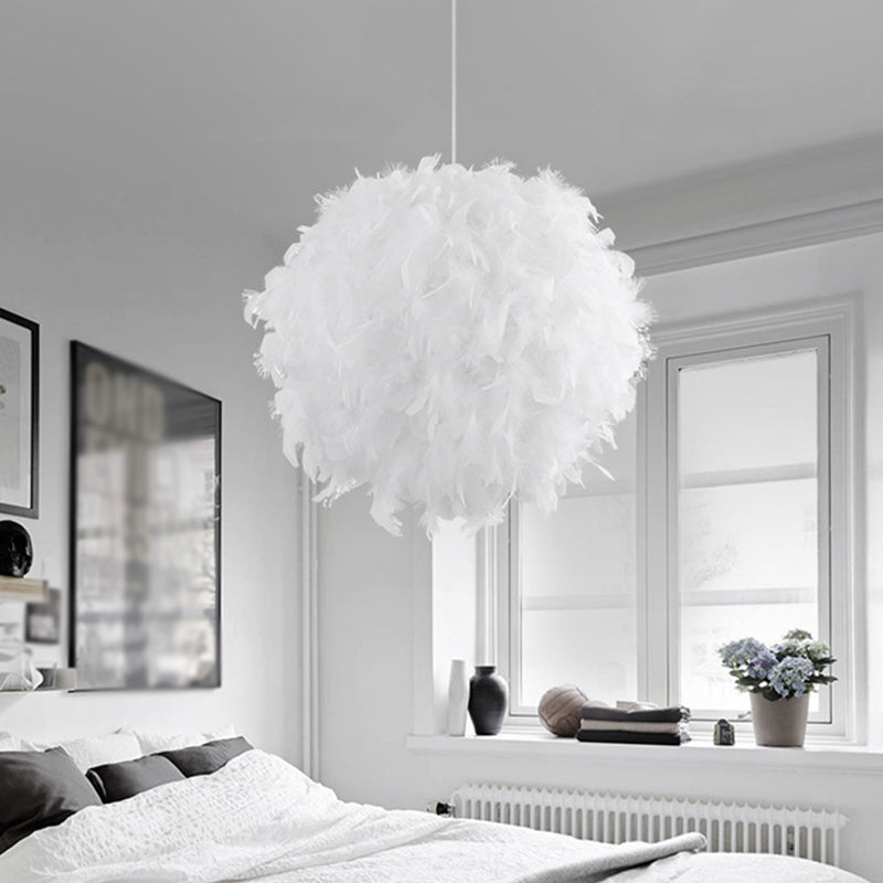 12"/14"/16" Wide Sphere Drop Pendant Modern Feather 1 Head Bedroom Hanging Ceiling Light in White/Pink/Rose Red White Clearhalo 'Ceiling Lights' 'Modern Pendants' 'Modern' 'Pendant Lights' 'Pendants' Lighting' 1986642