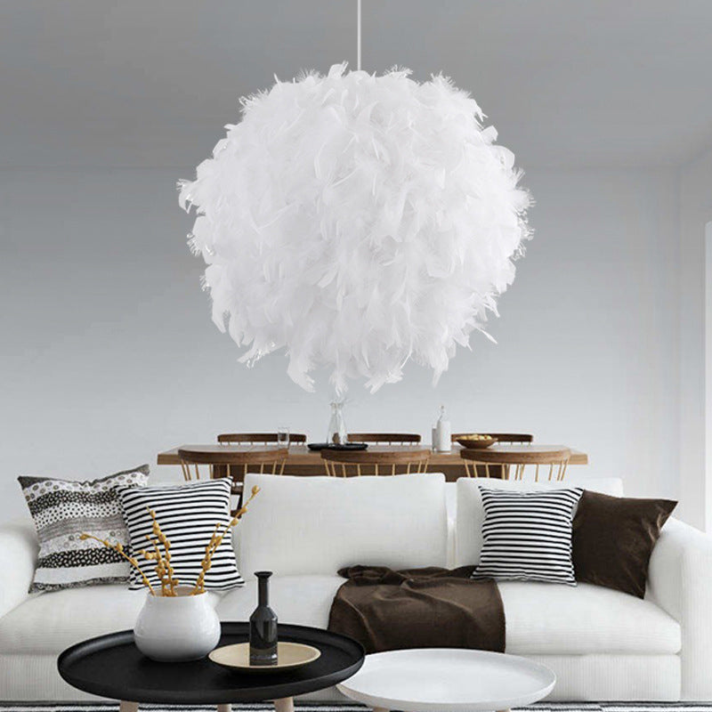 12"/14"/16" Wide Sphere Drop Pendant Modern Feather 1 Head Bedroom Hanging Ceiling Light in White/Pink/Rose Red Clearhalo 'Ceiling Lights' 'Modern Pendants' 'Modern' 'Pendant Lights' 'Pendants' Lighting' 1986643