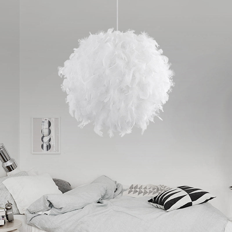 12"/14"/16" Wide Sphere Drop Pendant Modern Feather 1 Head Bedroom Hanging Ceiling Light in White/Pink/Rose Red Clearhalo 'Ceiling Lights' 'Modern Pendants' 'Modern' 'Pendant Lights' 'Pendants' Lighting' 1986644