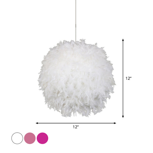 12"/14"/16" Wide Sphere Drop Pendant Modern Feather 1 Head Bedroom Hanging Ceiling Light in White/Pink/Rose Red Clearhalo 'Ceiling Lights' 'Modern Pendants' 'Modern' 'Pendant Lights' 'Pendants' Lighting' 1986646