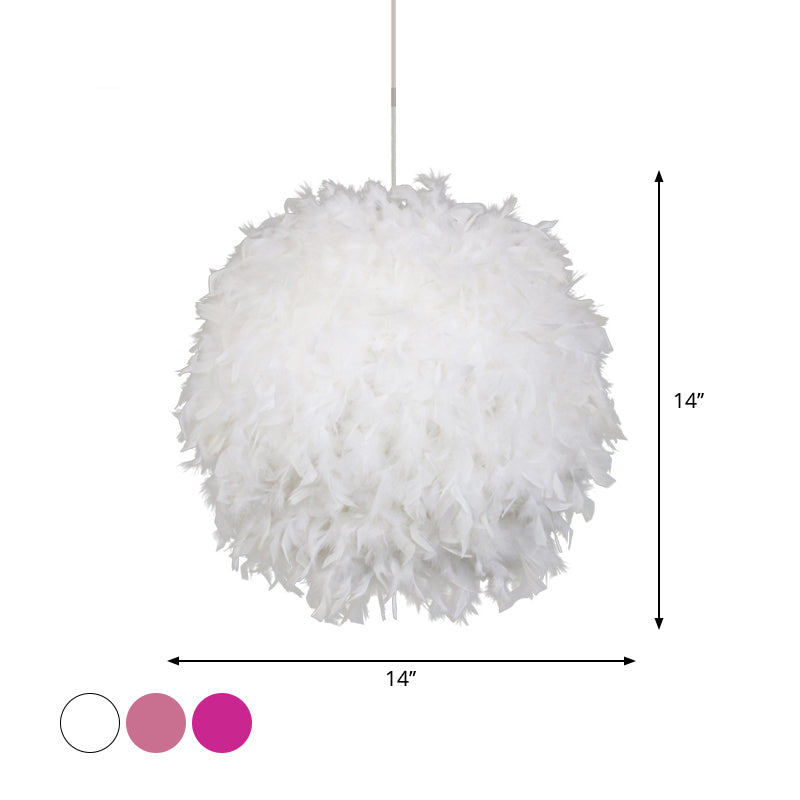 12"/14"/16" Wide Sphere Drop Pendant Modern Feather 1 Head Bedroom Hanging Ceiling Light in White/Pink/Rose Red Clearhalo 'Ceiling Lights' 'Modern Pendants' 'Modern' 'Pendant Lights' 'Pendants' Lighting' 1986647