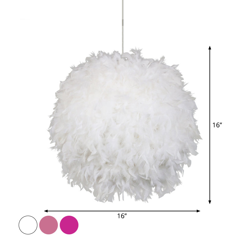 12"/14"/16" Wide Sphere Drop Pendant Modern Feather 1 Head Bedroom Hanging Ceiling Light in White/Pink/Rose Red Clearhalo 'Ceiling Lights' 'Modern Pendants' 'Modern' 'Pendant Lights' 'Pendants' Lighting' 1986648