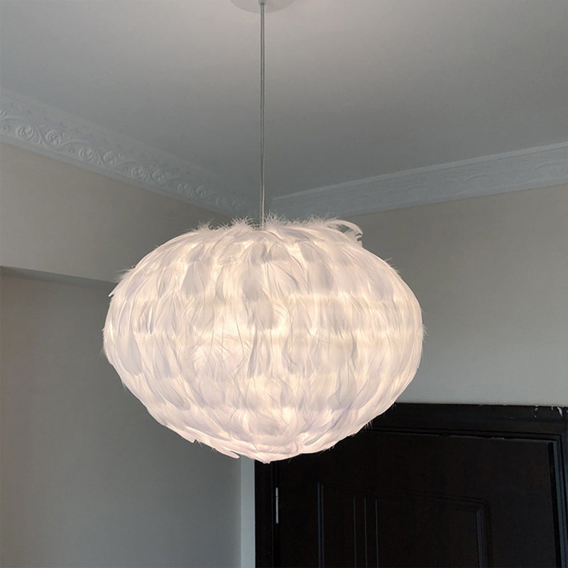 Globe Dining Room Suspension Lamp Feather 1 Bulb Simple Style Hanging Pendant in Grey/White/Pink White Clearhalo 'Ceiling Lights' 'Modern Pendants' 'Modern' 'Pendant Lights' 'Pendants' Lighting' 1986658