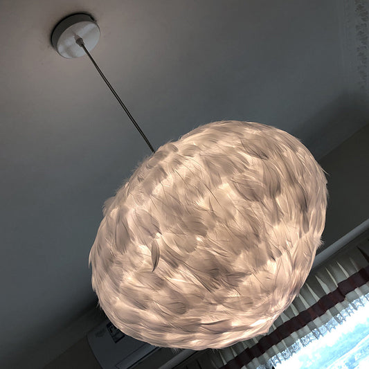 Globe Dining Room Suspension Lamp Feather 1 Bulb Simple Style Hanging Pendant in Grey/White/Pink Clearhalo 'Ceiling Lights' 'Modern Pendants' 'Modern' 'Pendant Lights' 'Pendants' Lighting' 1986659