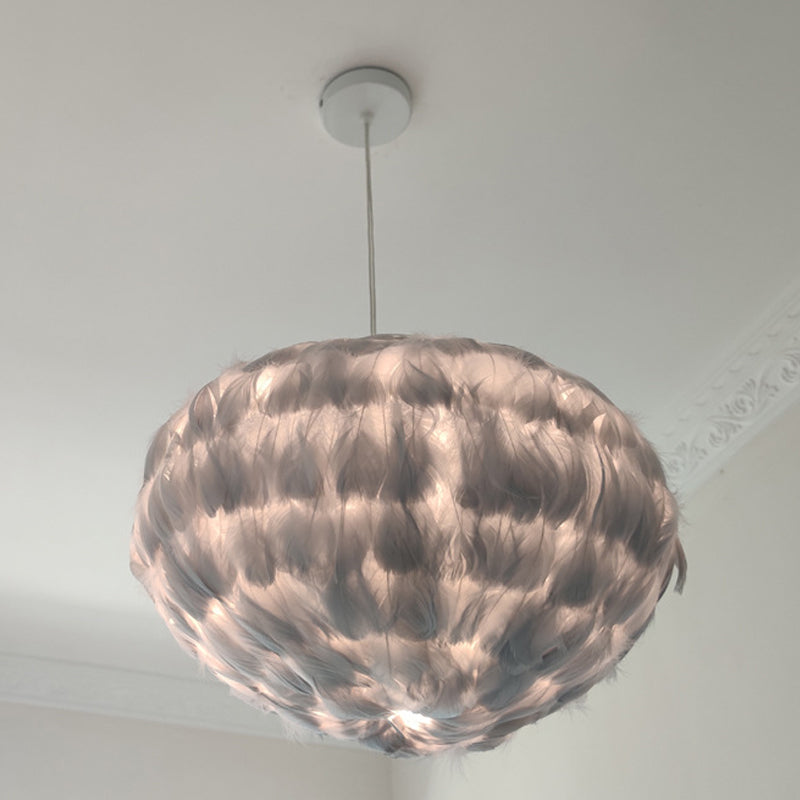 Globe Dining Room Suspension Lamp Feather 1 Bulb Simple Style Hanging Pendant in Grey/White/Pink Grey Clearhalo 'Ceiling Lights' 'Modern Pendants' 'Modern' 'Pendant Lights' 'Pendants' Lighting' 1986663