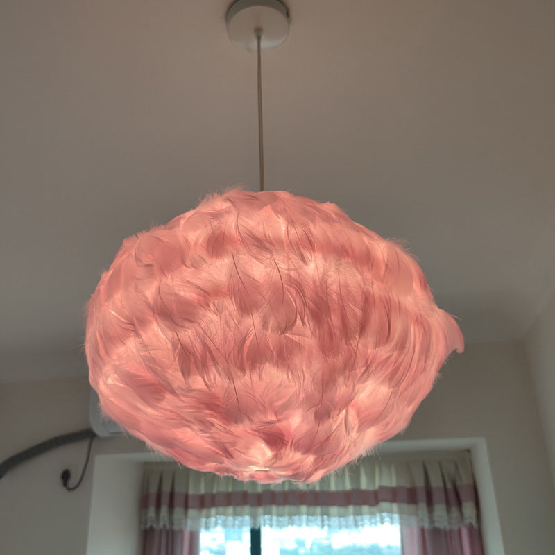 Globe Dining Room Suspension Lamp Feather 1 Bulb Simple Style Hanging Pendant in Grey/White/Pink Clearhalo 'Ceiling Lights' 'Modern Pendants' 'Modern' 'Pendant Lights' 'Pendants' Lighting' 1986668