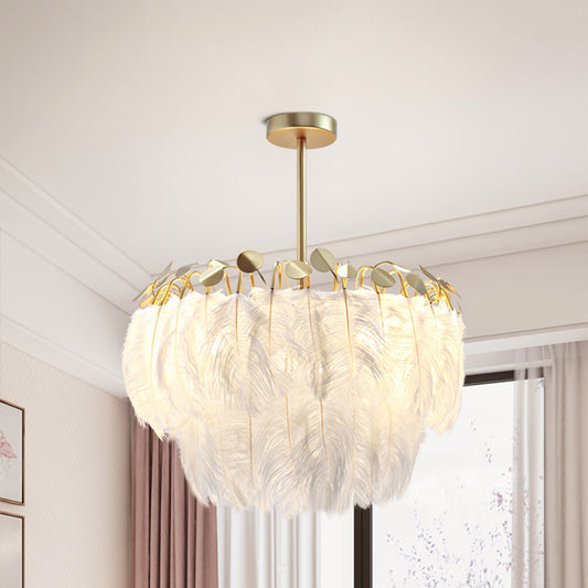 2-Tier Feather Chandelier Lamp Modern 3-Head Gold Suspended Lighting Fixture for Bedroom Gold Clearhalo 'Ceiling Lights' 'Chandeliers' 'Modern Chandeliers' 'Modern' Lighting' 1986689