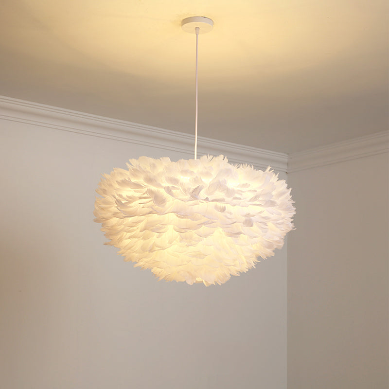 Dome Bedroom Chandelier Pendant Feather 19.5"/23.5" Wide 5 Bulbs Simple Hanging Light in Grey/White/Pink White Clearhalo 'Ceiling Lights' 'Chandeliers' 'Modern Chandeliers' 'Modern' Lighting' 1986767