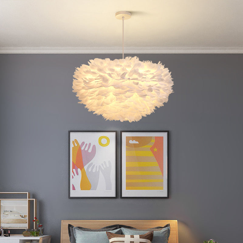 Dome Bedroom Chandelier Pendant Feather 19.5"/23.5" Wide 5 Bulbs Simple Hanging Light in Grey/White/Pink Clearhalo 'Ceiling Lights' 'Chandeliers' 'Modern Chandeliers' 'Modern' Lighting' 1986768