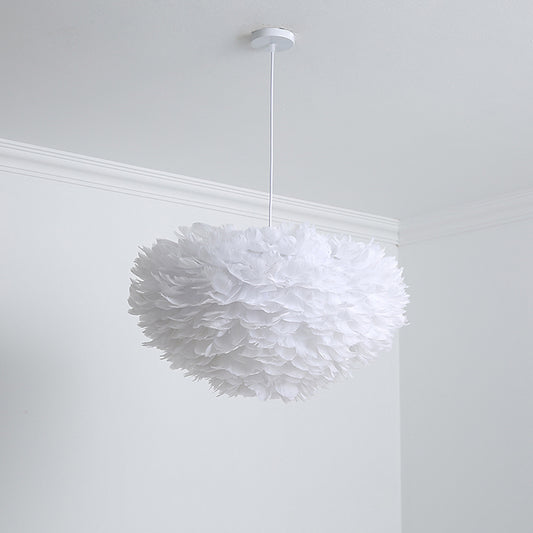 Dome Bedroom Chandelier Pendant Feather 19.5"/23.5" Wide 5 Bulbs Simple Hanging Light in Grey/White/Pink Clearhalo 'Ceiling Lights' 'Chandeliers' 'Modern Chandeliers' 'Modern' Lighting' 1986769