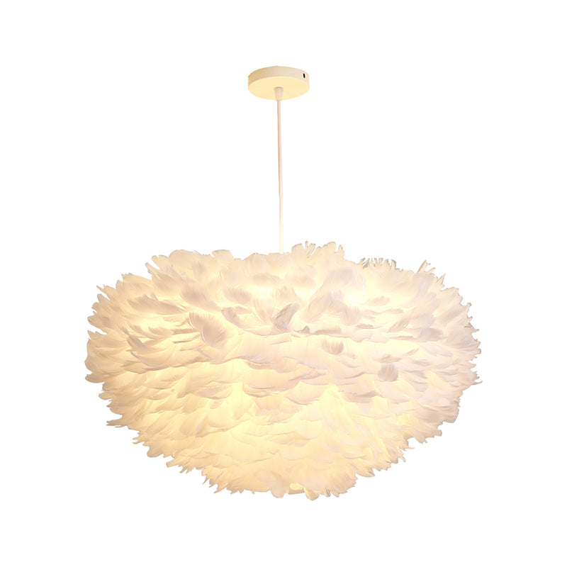 Dome Bedroom Chandelier Pendant Feather 19.5"/23.5" Wide 5 Bulbs Simple Hanging Light in Grey/White/Pink Clearhalo 'Ceiling Lights' 'Chandeliers' 'Modern Chandeliers' 'Modern' Lighting' 1986770
