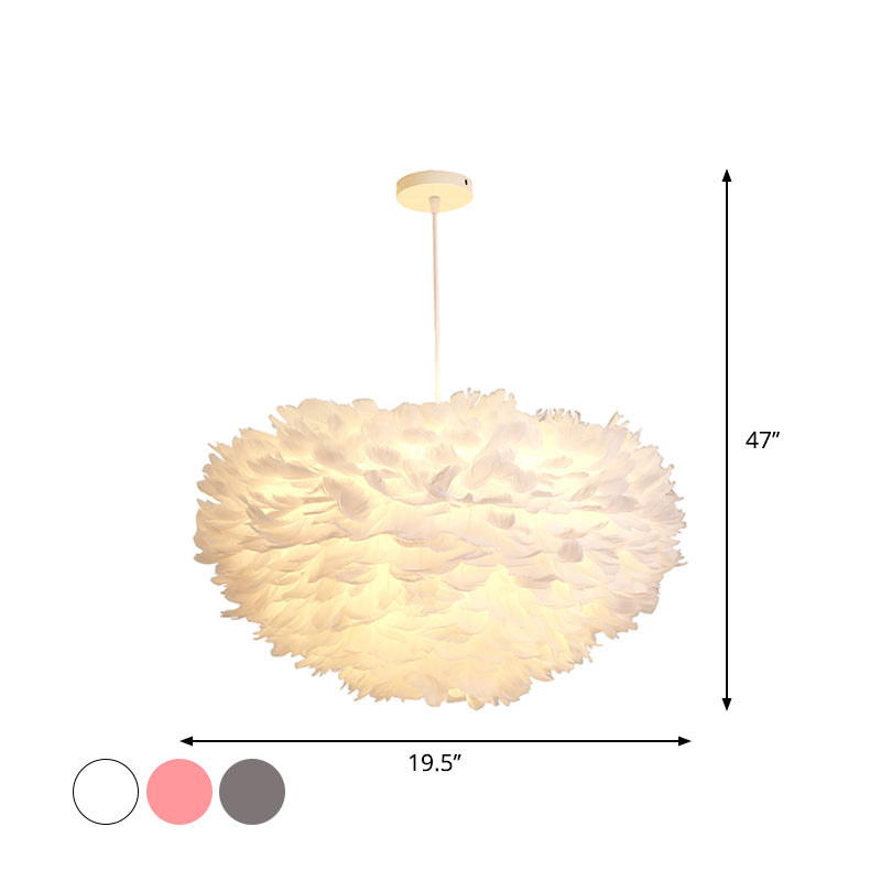 Dome Bedroom Chandelier Pendant Feather 19.5"/23.5" Wide 5 Bulbs Simple Hanging Light in Grey/White/Pink Clearhalo 'Ceiling Lights' 'Chandeliers' 'Modern Chandeliers' 'Modern' Lighting' 1986771