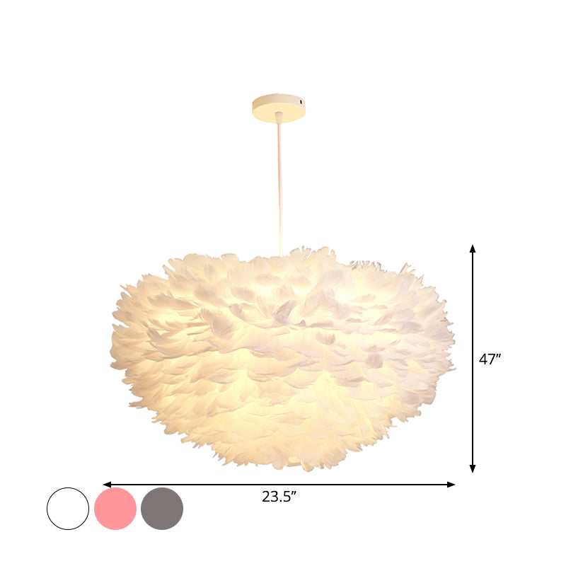 Dome Bedroom Chandelier Pendant Feather 19.5"/23.5" Wide 5 Bulbs Simple Hanging Light in Grey/White/Pink Clearhalo 'Ceiling Lights' 'Chandeliers' 'Modern Chandeliers' 'Modern' Lighting' 1986772