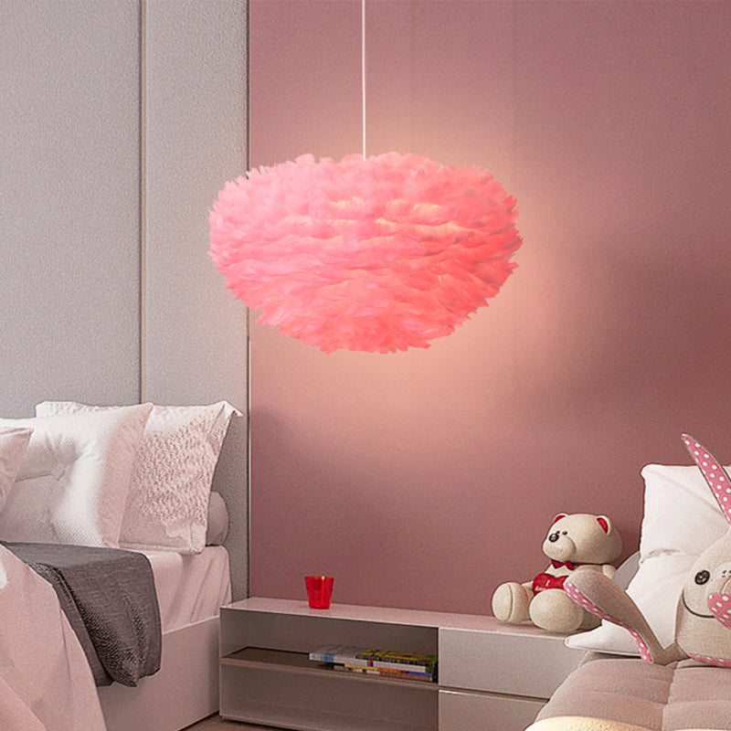 Dome Bedroom Chandelier Pendant Feather 19.5"/23.5" Wide 5 Bulbs Simple Hanging Light in Grey/White/Pink Pink Clearhalo 'Ceiling Lights' 'Chandeliers' 'Modern Chandeliers' 'Modern' Lighting' 1986773