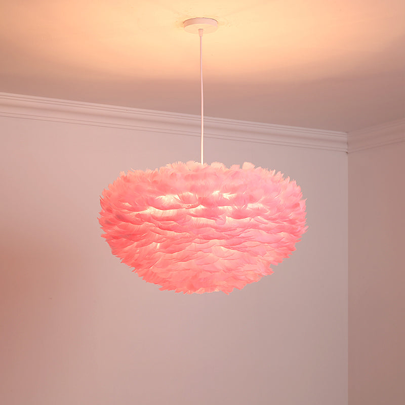 Dome Bedroom Chandelier Pendant Feather 19.5"/23.5" Wide 5 Bulbs Simple Hanging Light in Grey/White/Pink Clearhalo 'Ceiling Lights' 'Chandeliers' 'Modern Chandeliers' 'Modern' Lighting' 1986774
