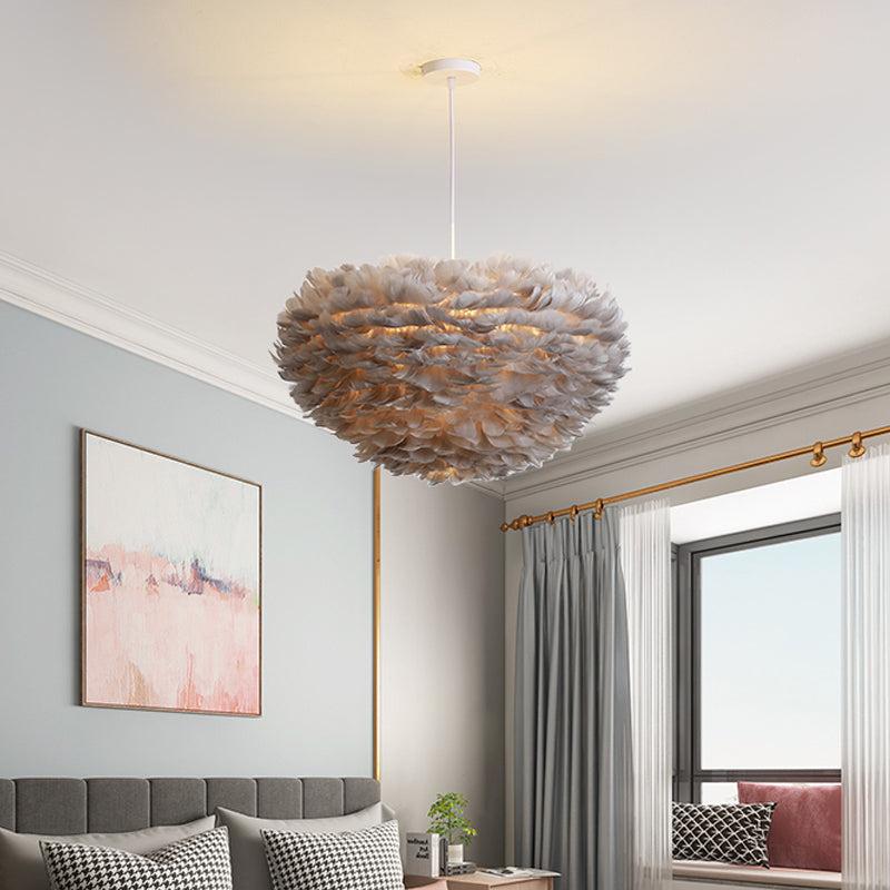 Dome Bedroom Chandelier Pendant Feather 19.5"/23.5" Wide 5 Bulbs Simple Hanging Light in Grey/White/Pink Grey Clearhalo 'Ceiling Lights' 'Chandeliers' 'Modern Chandeliers' 'Modern' Lighting' 1986776