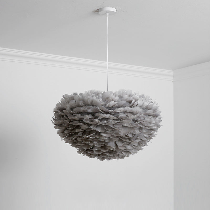 Dome Bedroom Chandelier Pendant Feather 19.5"/23.5" Wide 5 Bulbs Simple Hanging Light in Grey/White/Pink Clearhalo 'Ceiling Lights' 'Chandeliers' 'Modern Chandeliers' 'Modern' Lighting' 1986777